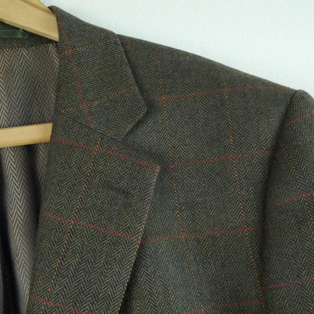 Brook Taverner 42R Wool Blazer Tweed Olive Green Herringbone Windowpane Jacket